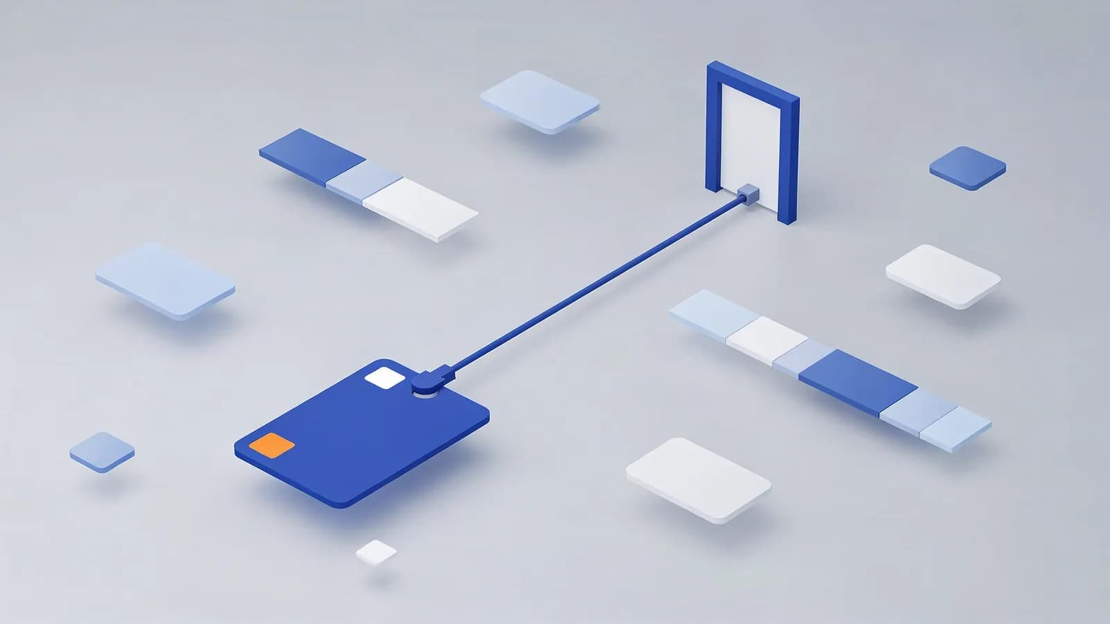 A card connected to a doorframe by a line, amidst floating rectangles, representing navigational intent.