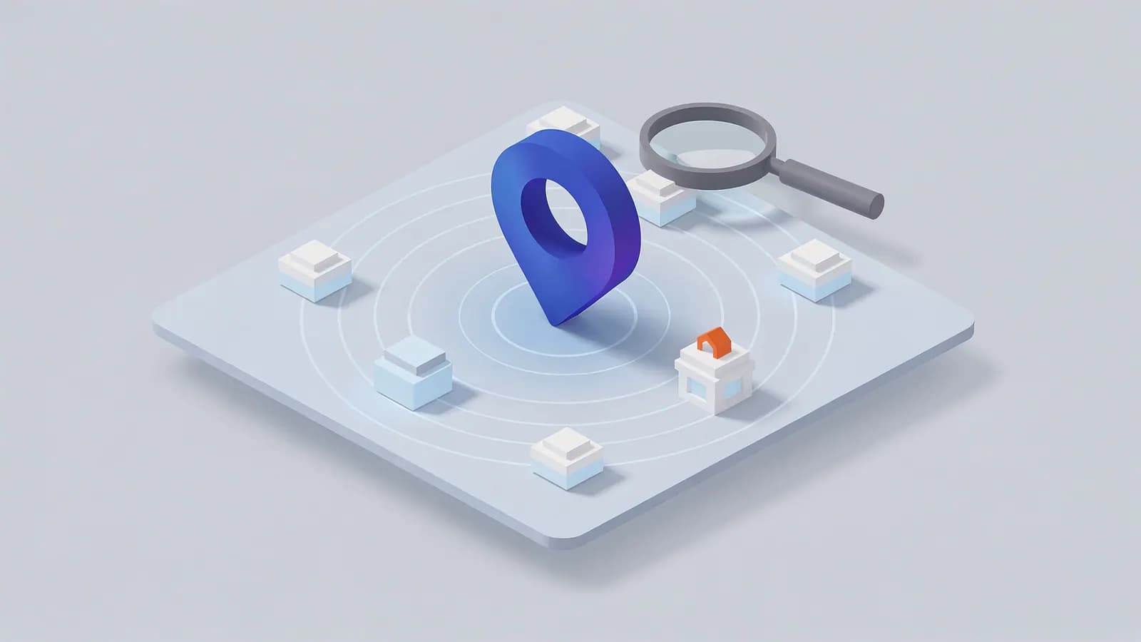 A magnifying glass examines buildings around a central location pin, illustrating near me searches.