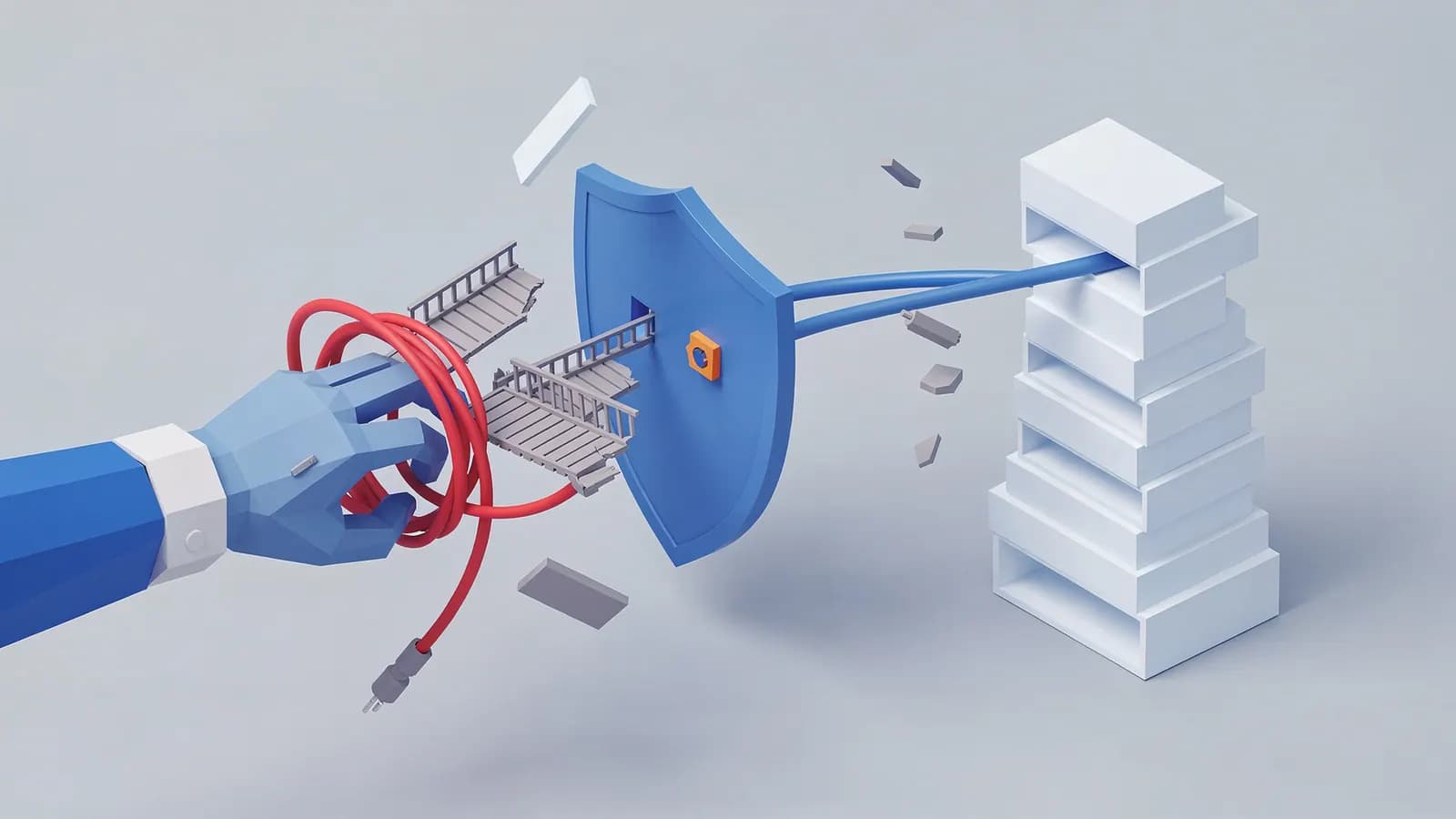 Robotic arm wields a cable through broken bridges, attacking a shield guarding a data stack, depicting Negative SEO.