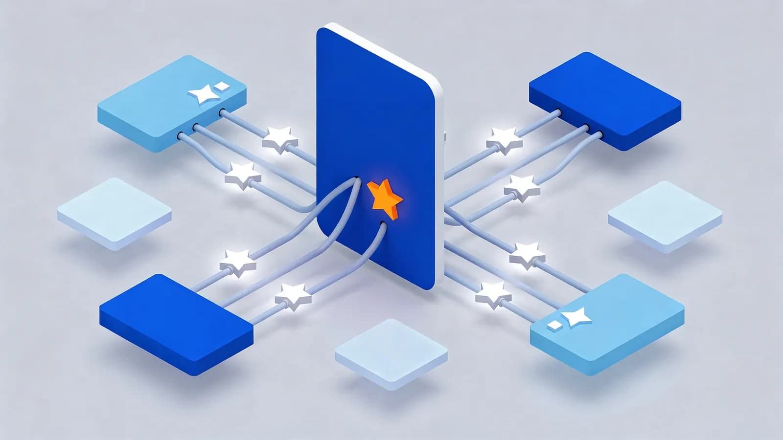 Central site receives glowing star links from external sources, showing Off-page SEO's impact on star ranking.