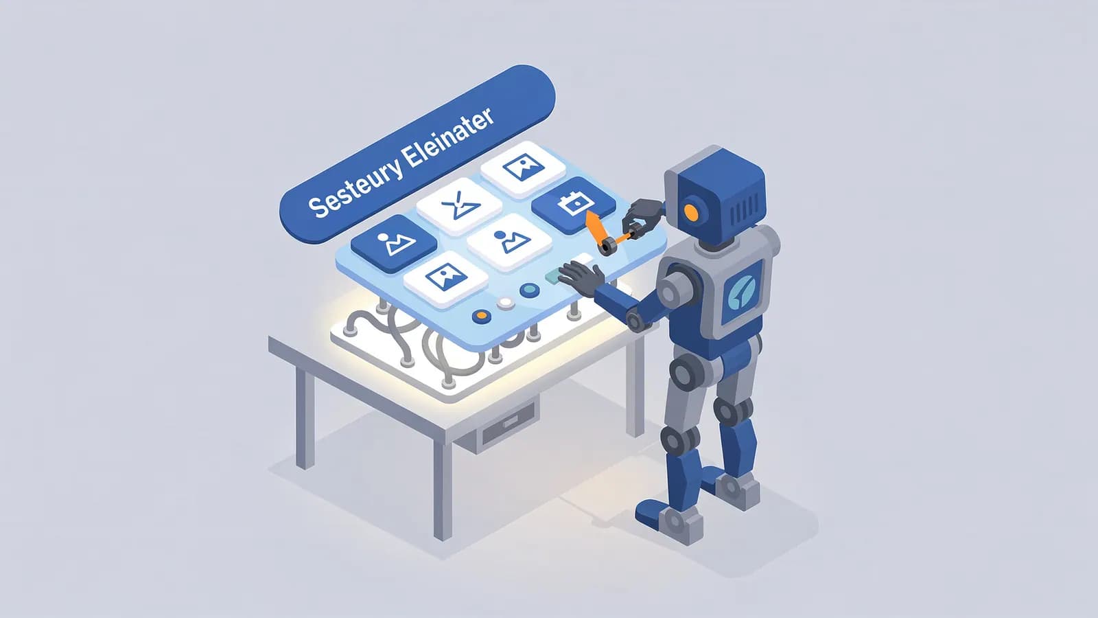 Robot optimizing a digital interface with content and settings icons, representing On-page SEO.