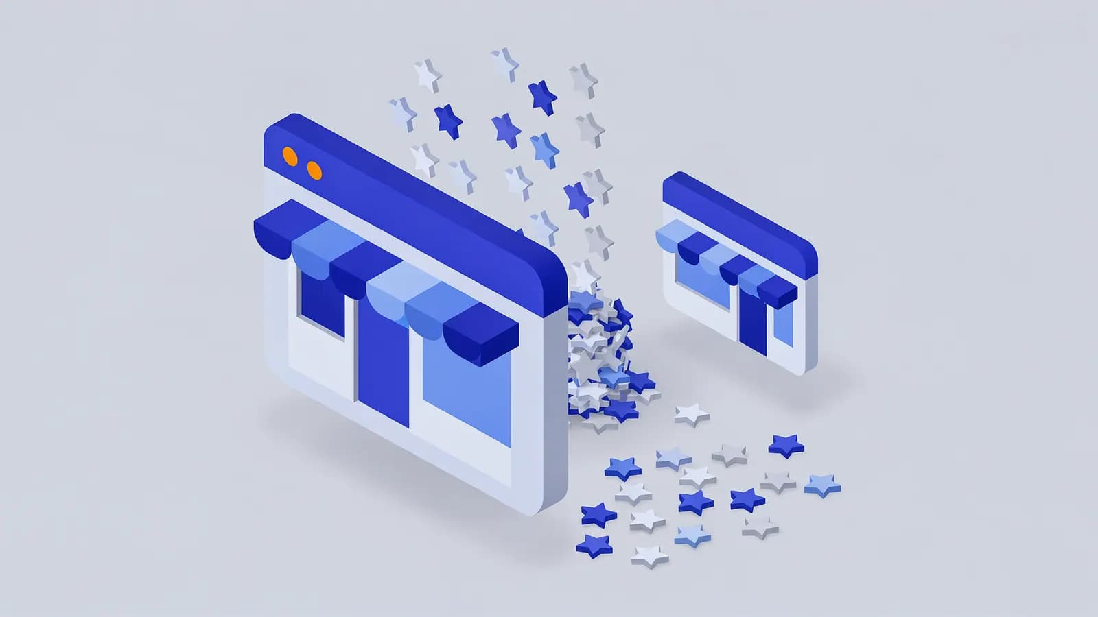 Stars flowing from an online storefront, representing online reviews, scatter across the floor towards a smaller store.