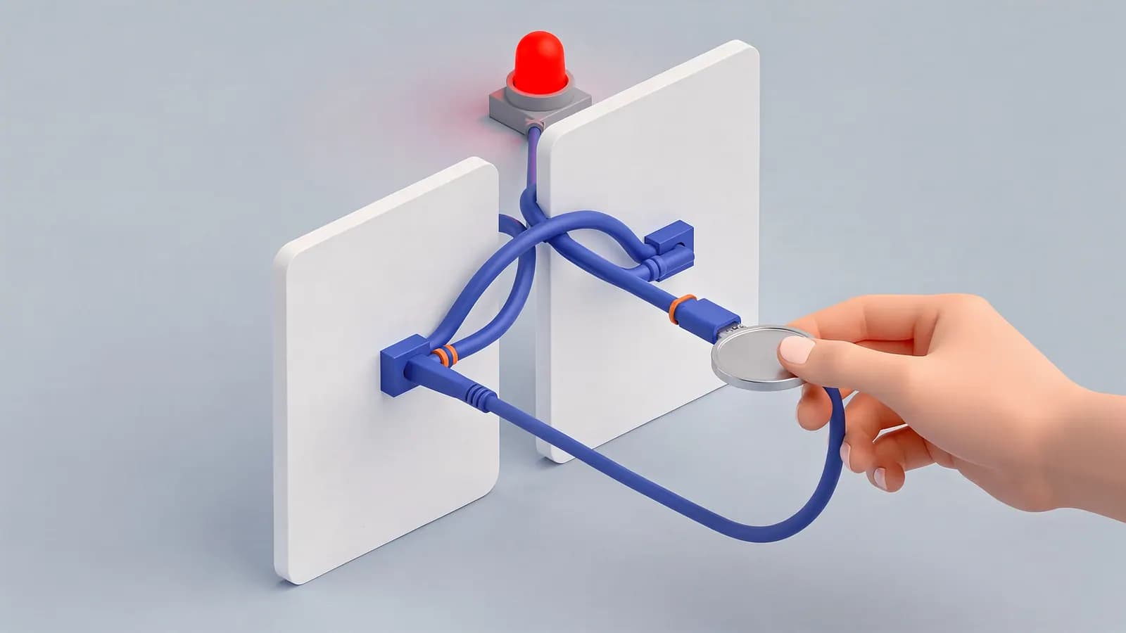A hand uses a coin to activate a red light through a network of connected cables between two panels, representing paid links.