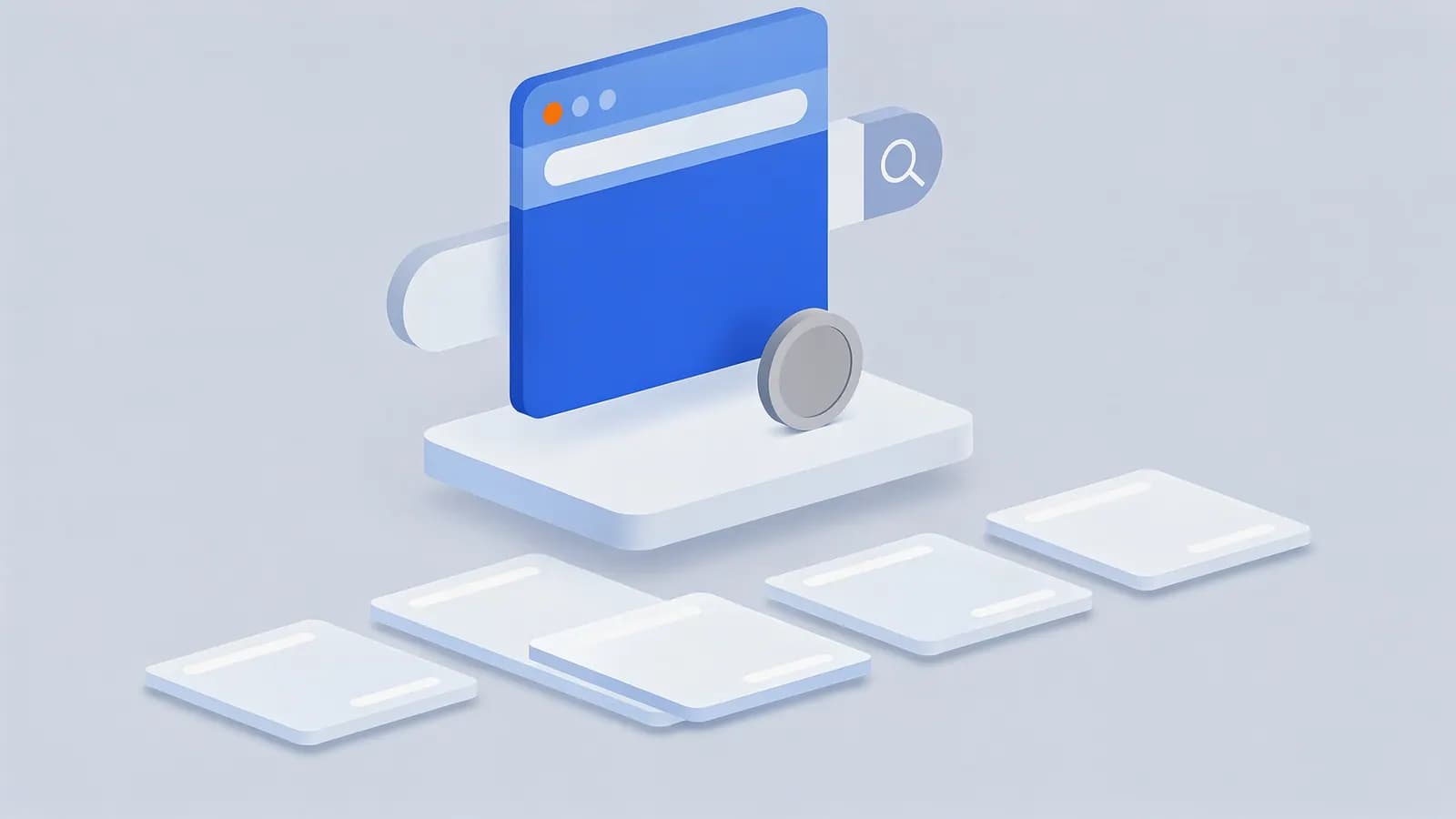 A browser search bar with a coin next to it, leading to multiple blank results cards, representing paid search results.