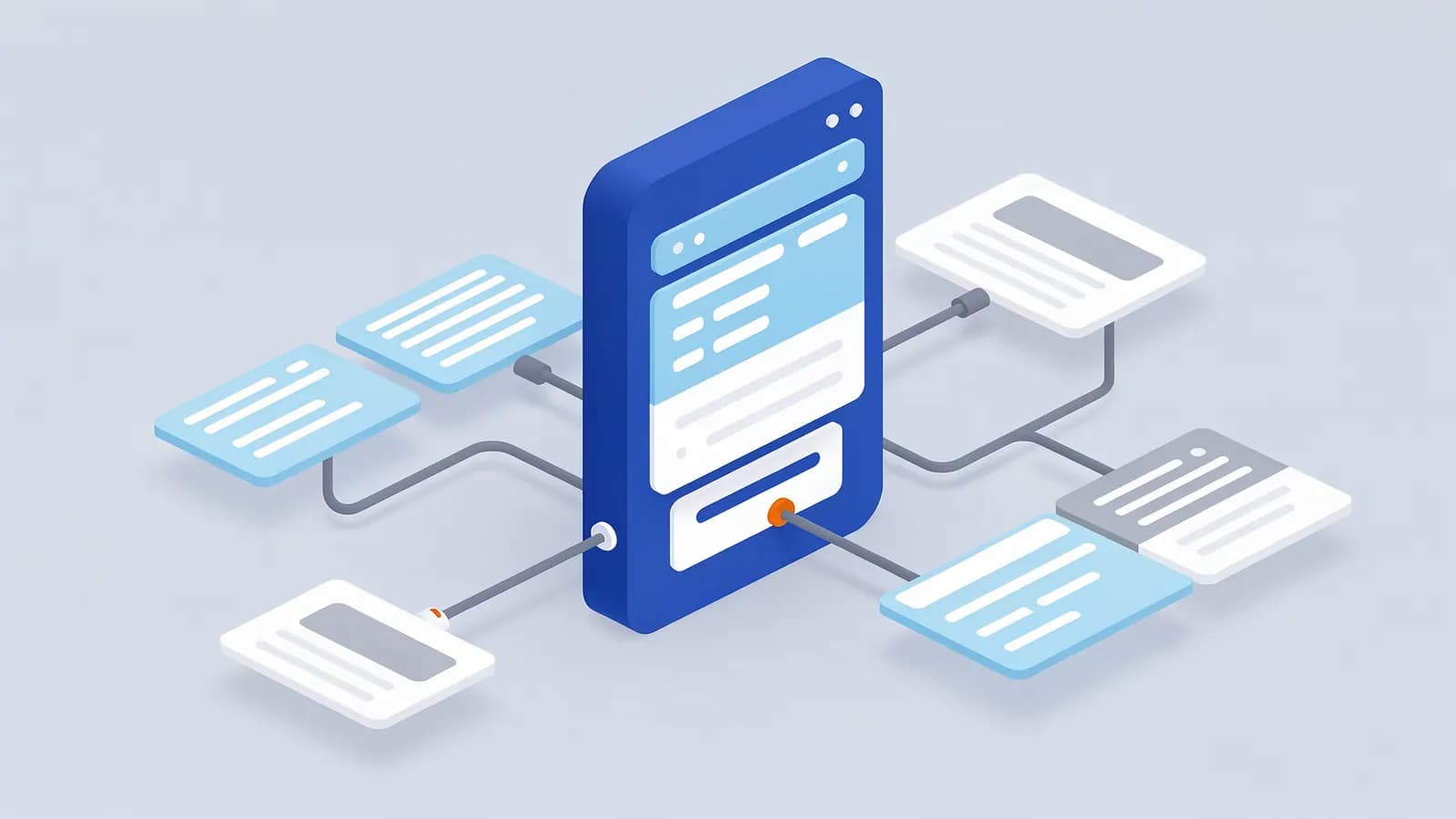 Central blue page representing a Pillar page connected by lines to multiple surrounding content blocks.