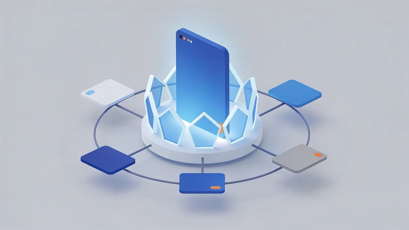 A glowing smartphone surrounded by shields and connected to floating tiles shows a primary keyword.