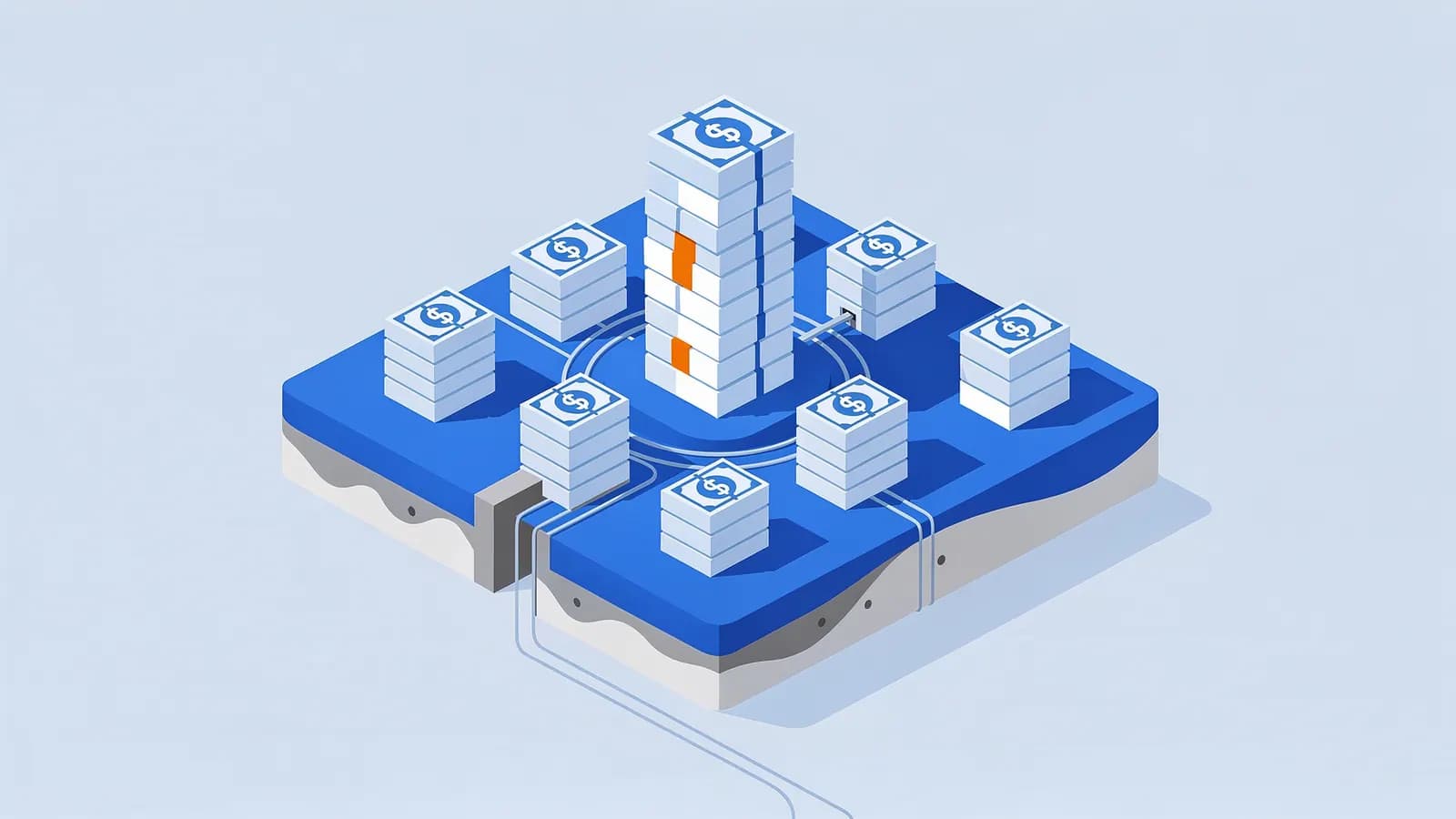Stacks of dollar bills, a tall central stack connected to eight smaller stacks, depicting a private blog network.