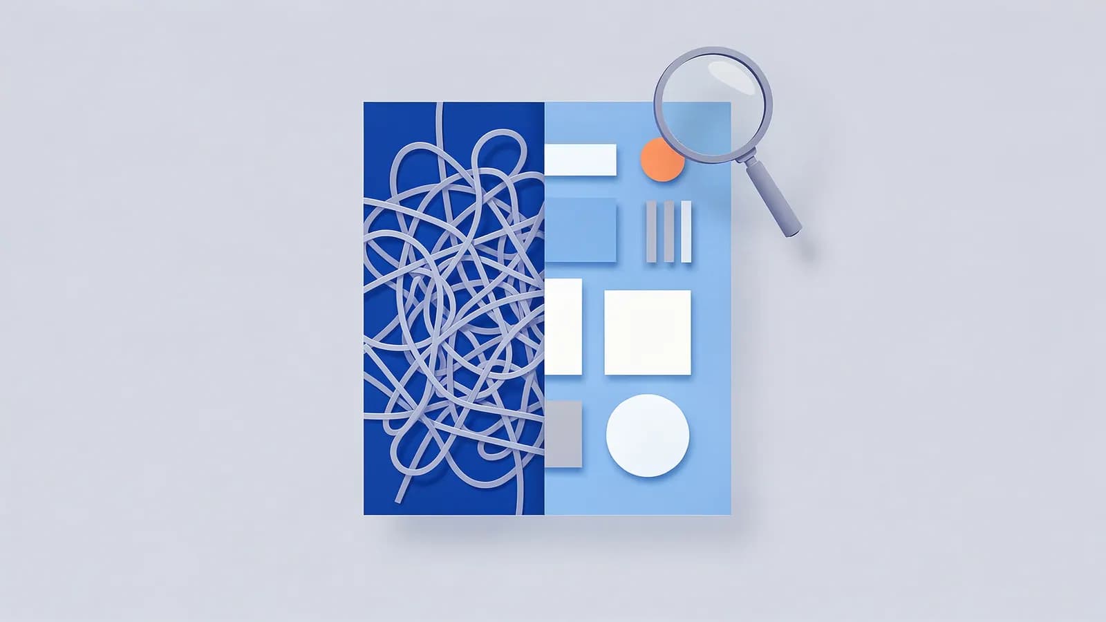 Tangled lines contrast with neat shapes under a magnifying glass, illustrating readability.
