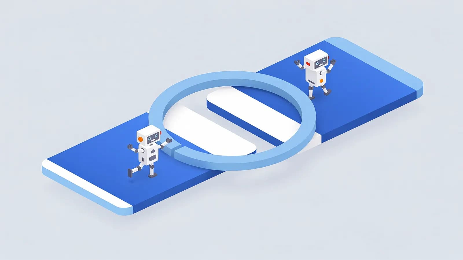 Two robots walk on a mobile screen path, passing through a ring with two parallel bars, illustrating a redirect loop.