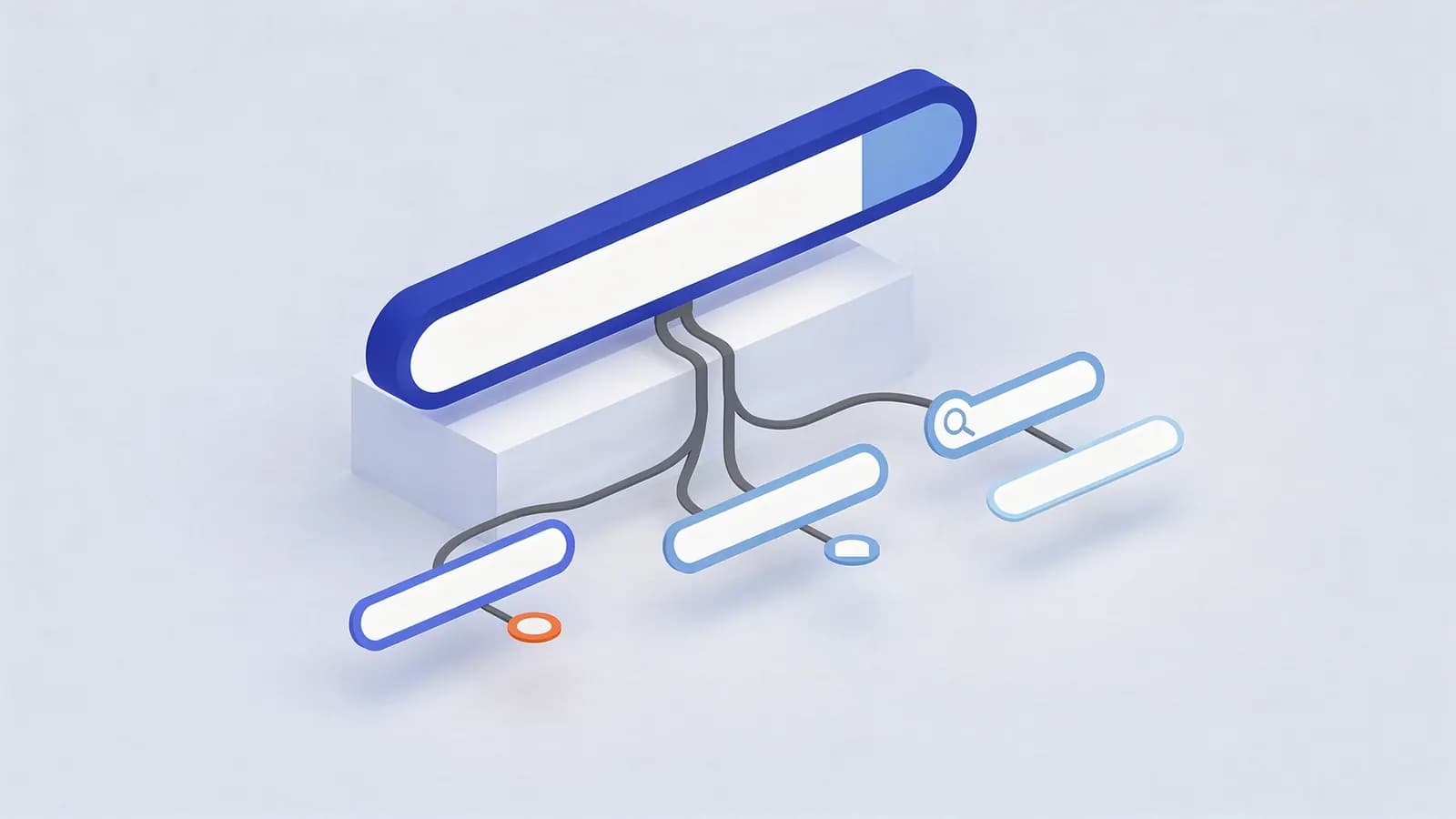 A main search bar on a pedestal connected by lines to several smaller search bars, illustrating related searches.