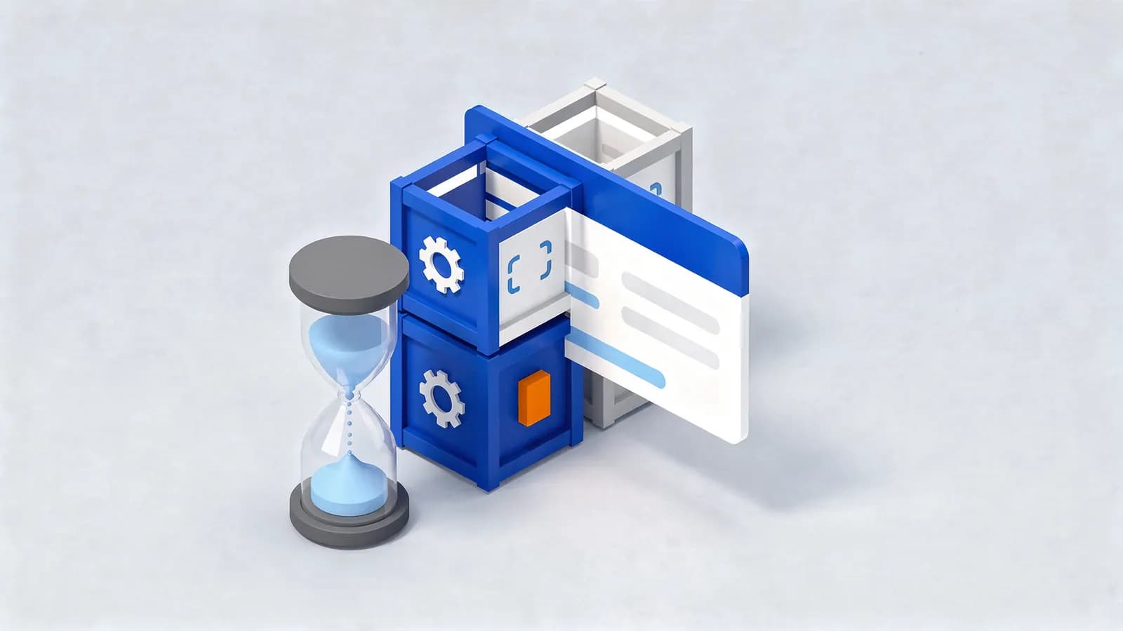An hourglass beside modular blocks with gear and code icons, and a document, showing render-blocking resources.