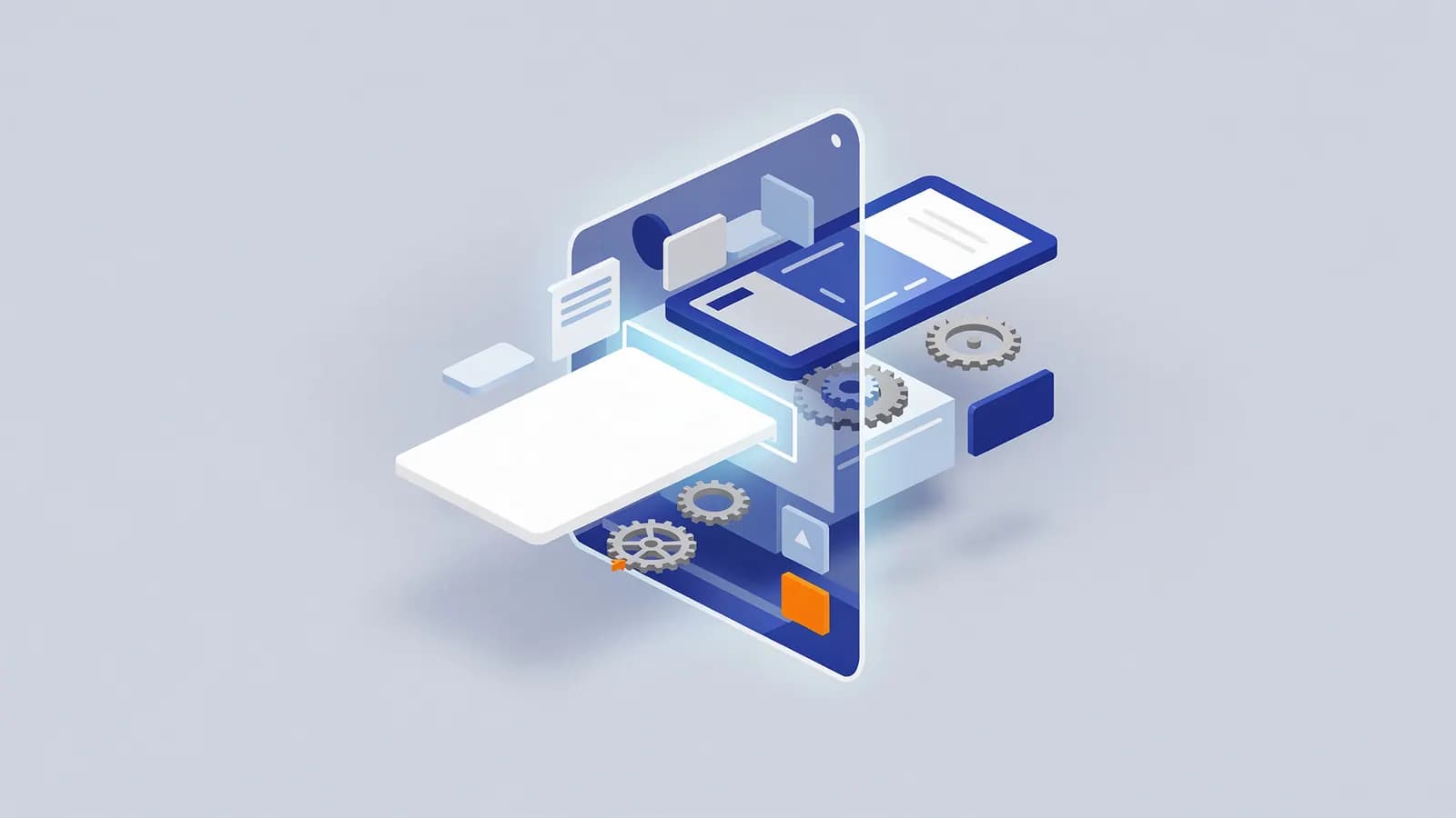 A phone screen sliced vertically, showing UI elements transforming into a fully rendered application.