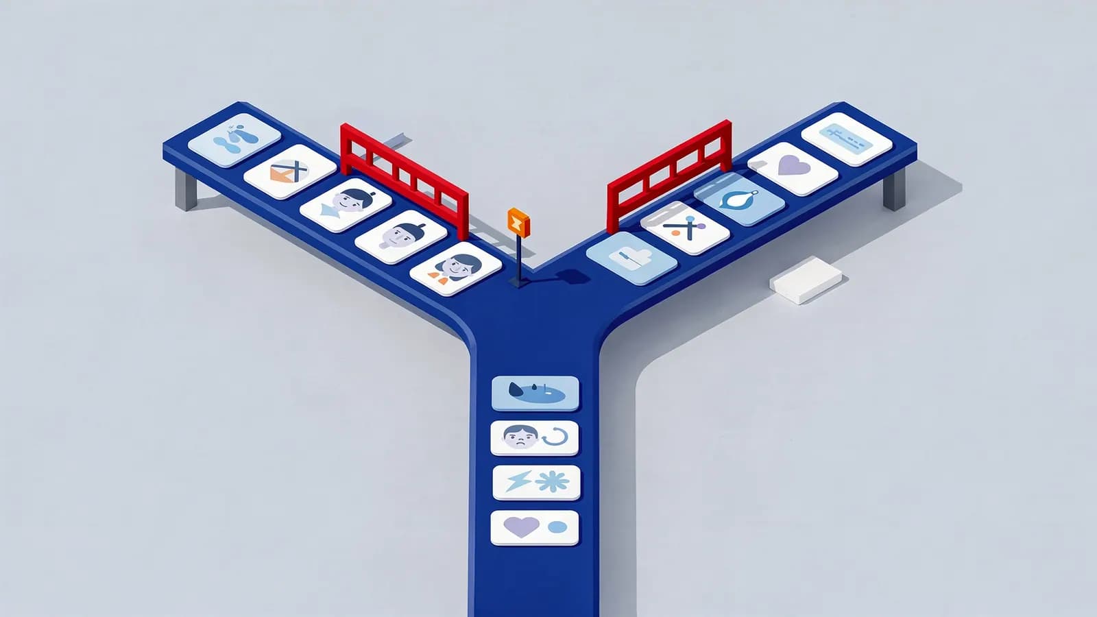 A Y-shaped path represents review gating, directing users with feedback to one route for issues and another for reviews.