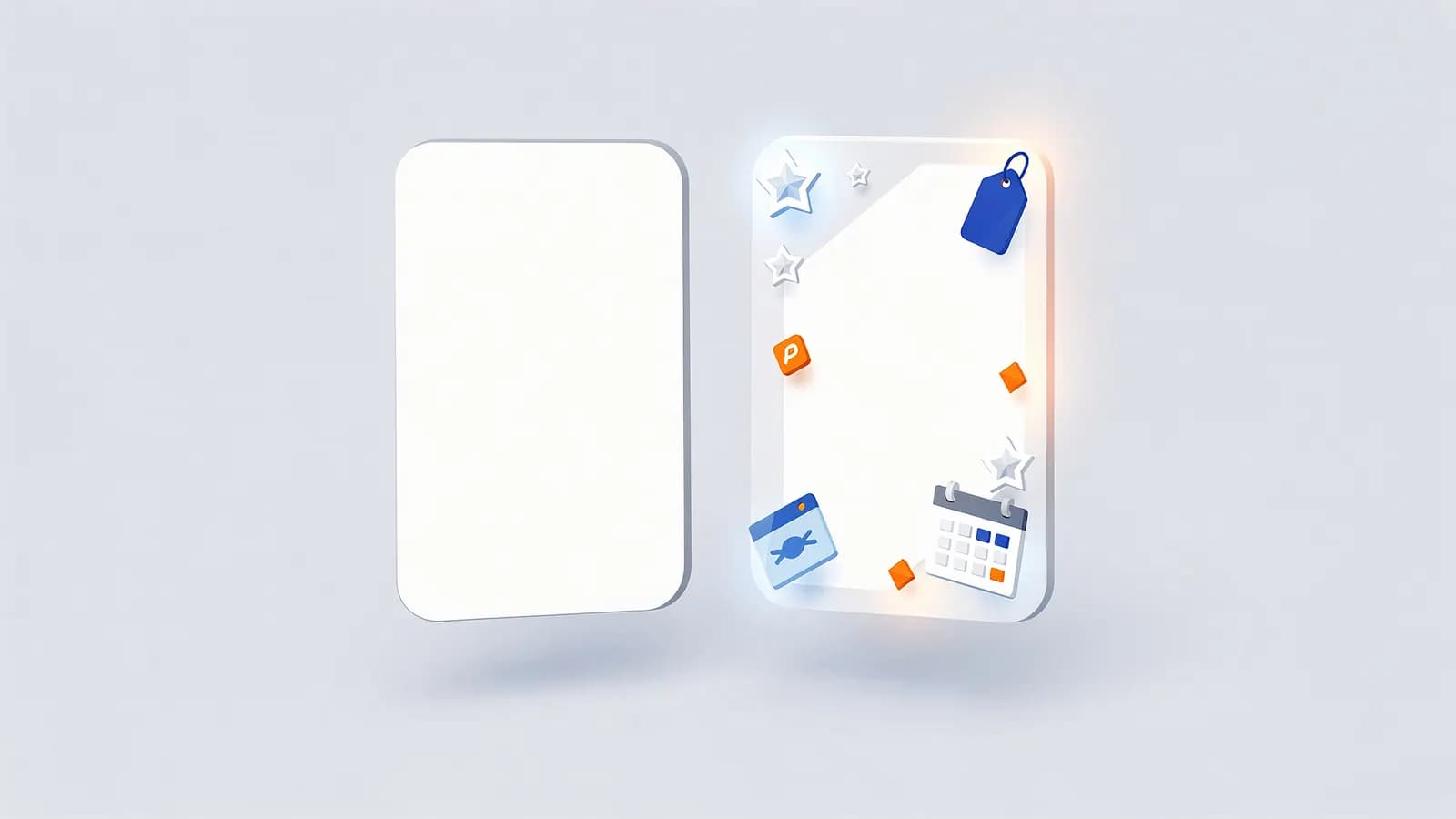 A blank card next to an enhanced card with floating icons like a price tag, calendar, and stars, illustrating rich results.