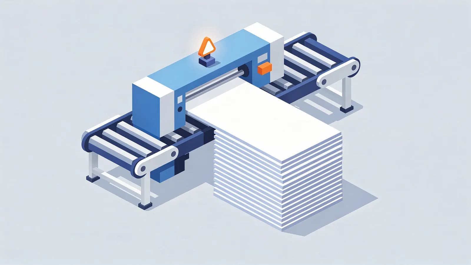 A machine with a warning light rapidly processes a large stack of blank papers, symbolizing scaled content abuse.