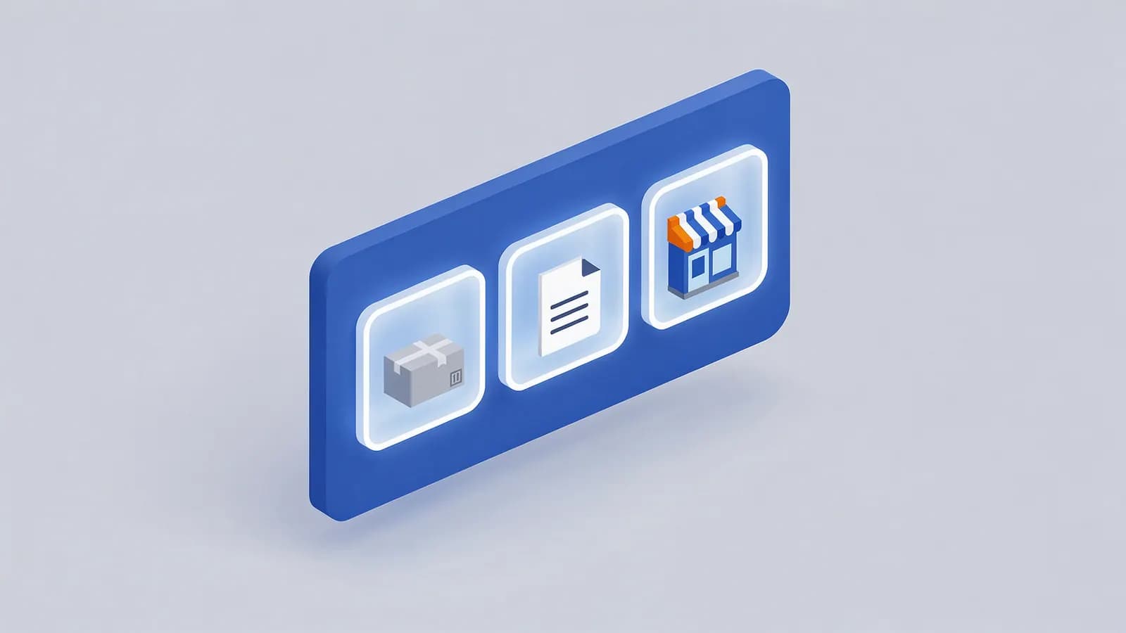 A blue interface with icons for a package, document, and storefront, visualizing how Schema markup organizes information.