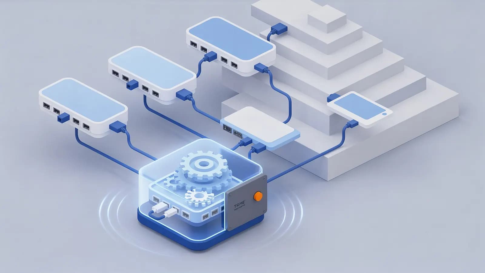Interconnected hubs and a gear processing unit route data to a smartphone on tiers, depicting a search algorithm.