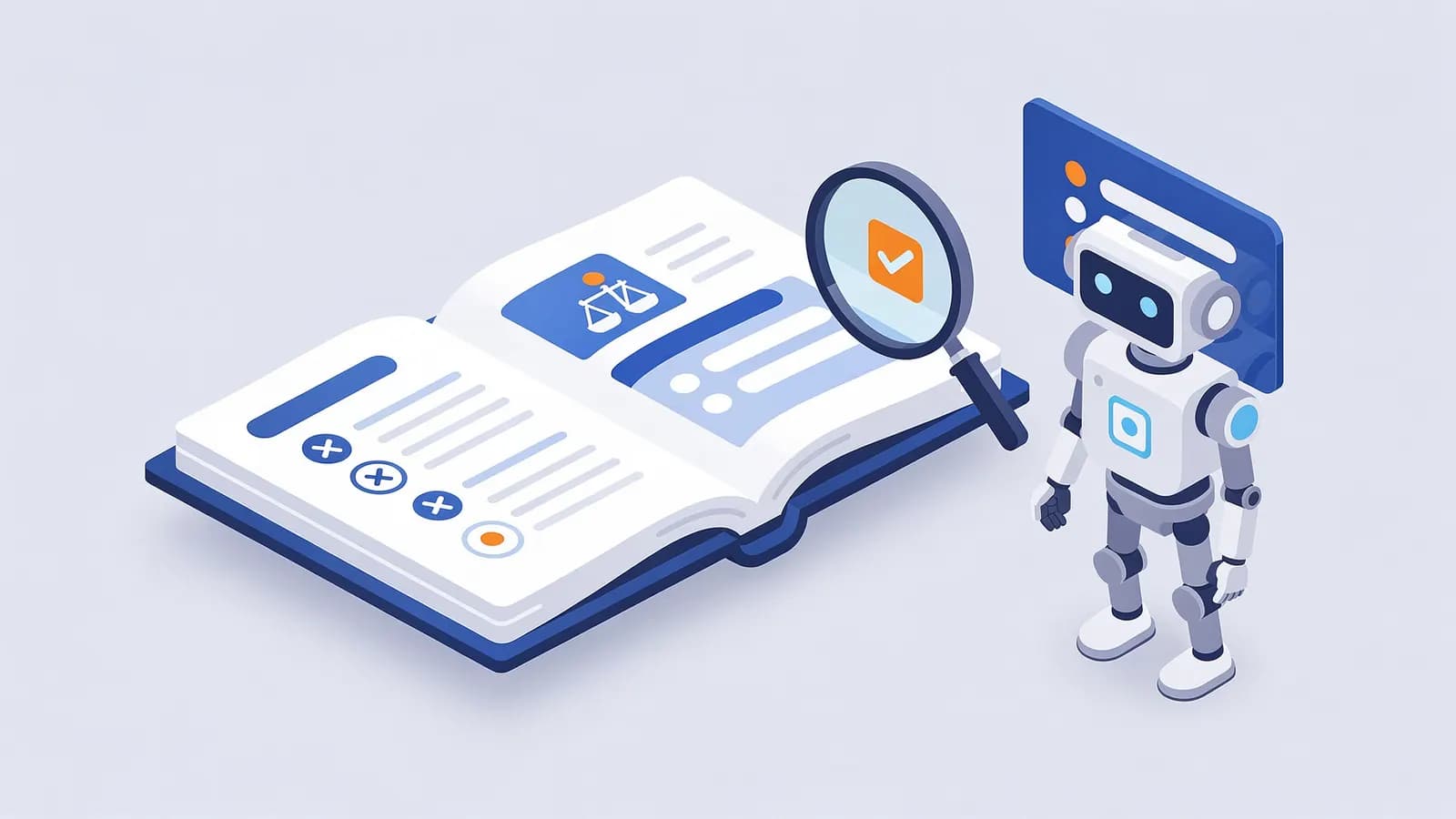 A robot beside a browser window, a book, and magnifying glass with a checkmark, showing Search Quality Rater Guidelines.