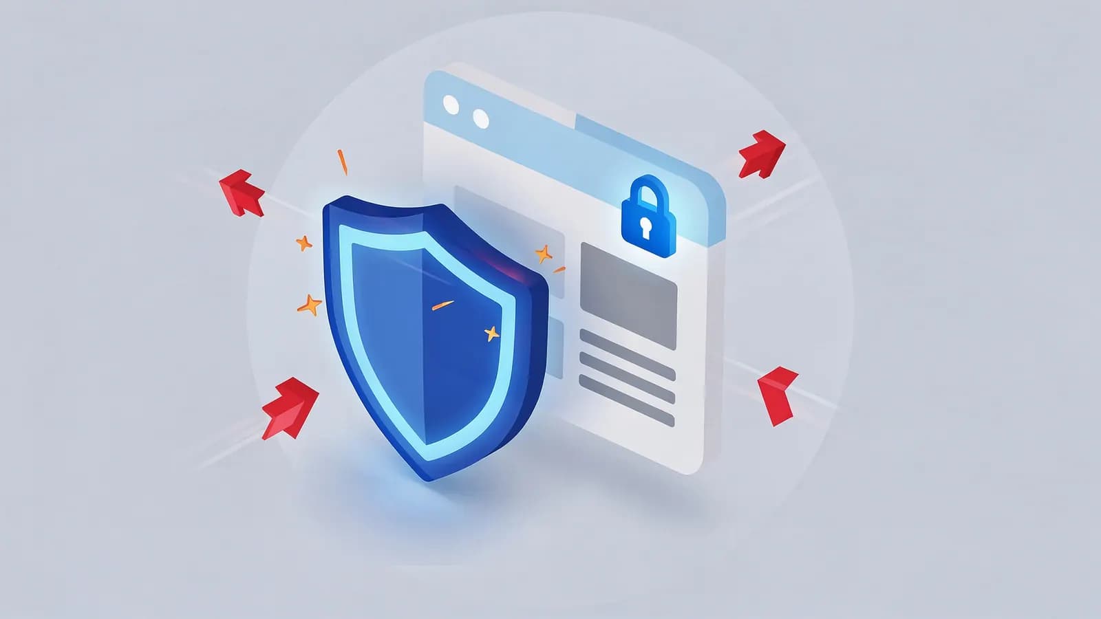 A glowing shield protecting a website browser window with a padlock from attacking red arrows, illustrating security headers.