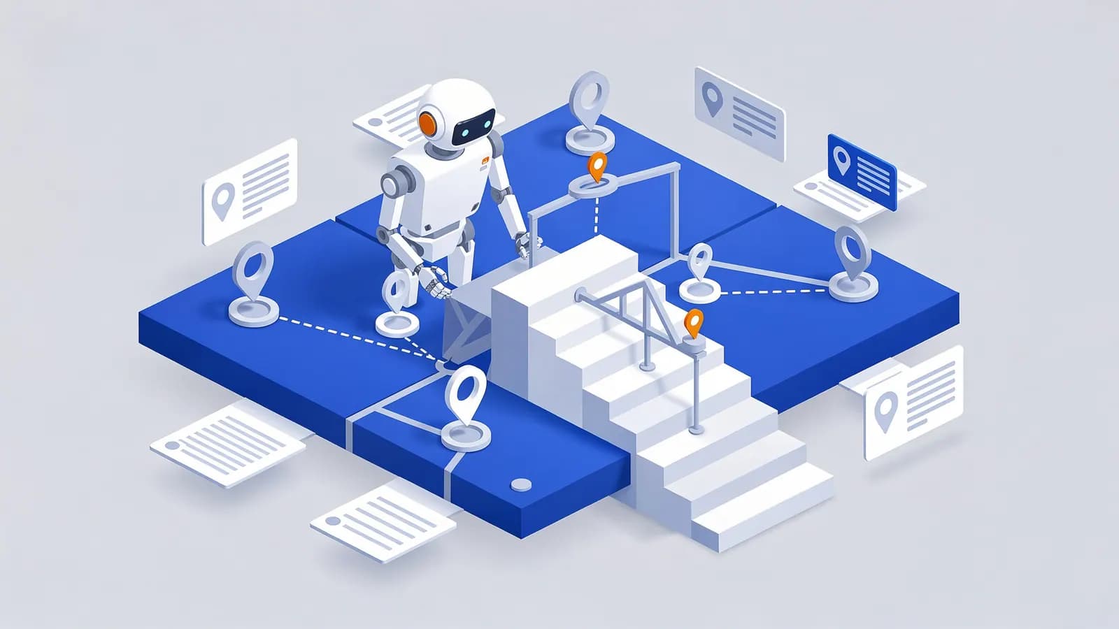 A robot on a platform with interconnected location pins, document cards, and stairs, depicting an SEO strategy.