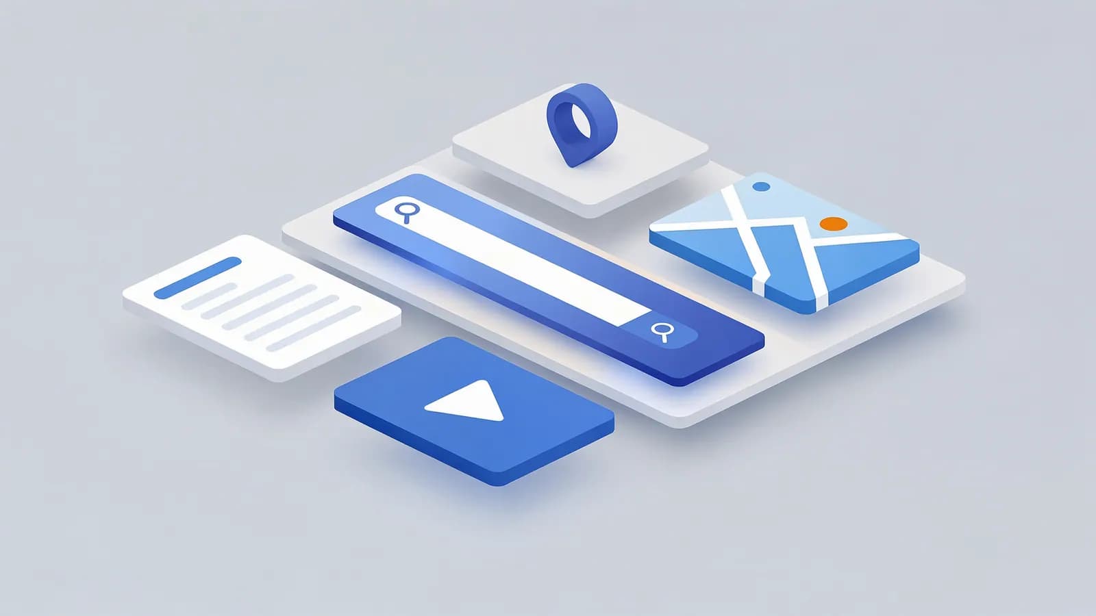 Isometric icons show a search bar, document, video, map, and location pin, representing various SERP features.