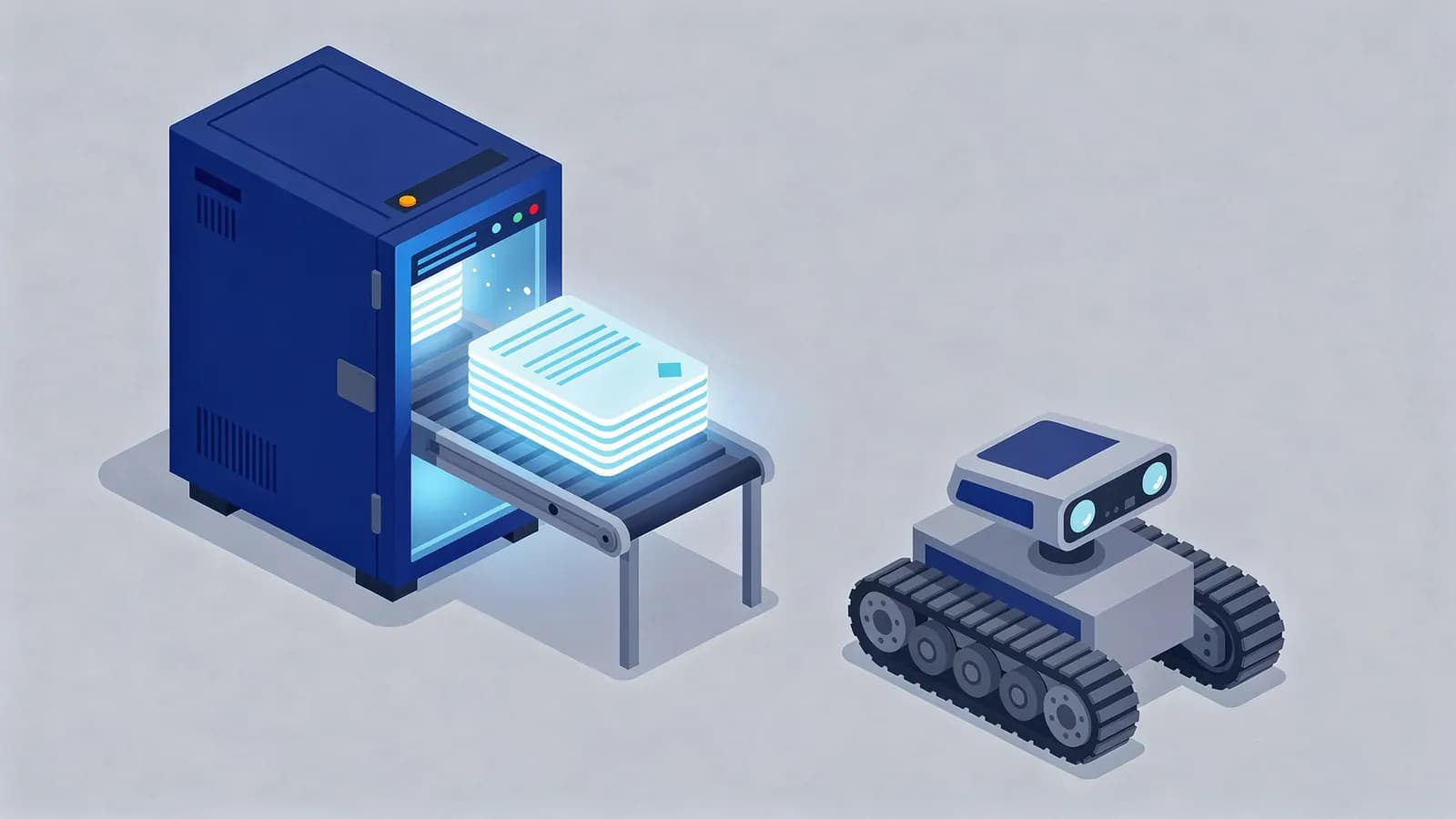 Glowing documents emerge from a server onto a conveyor belt towards a robot, illustrating server-side rendering.