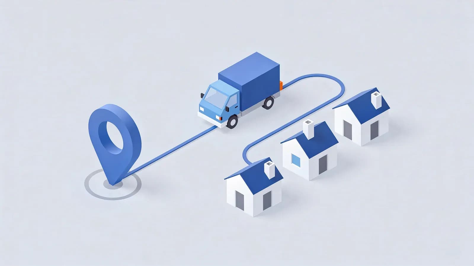A delivery truck follows a route from a location pin to three houses, depicting a service area business.