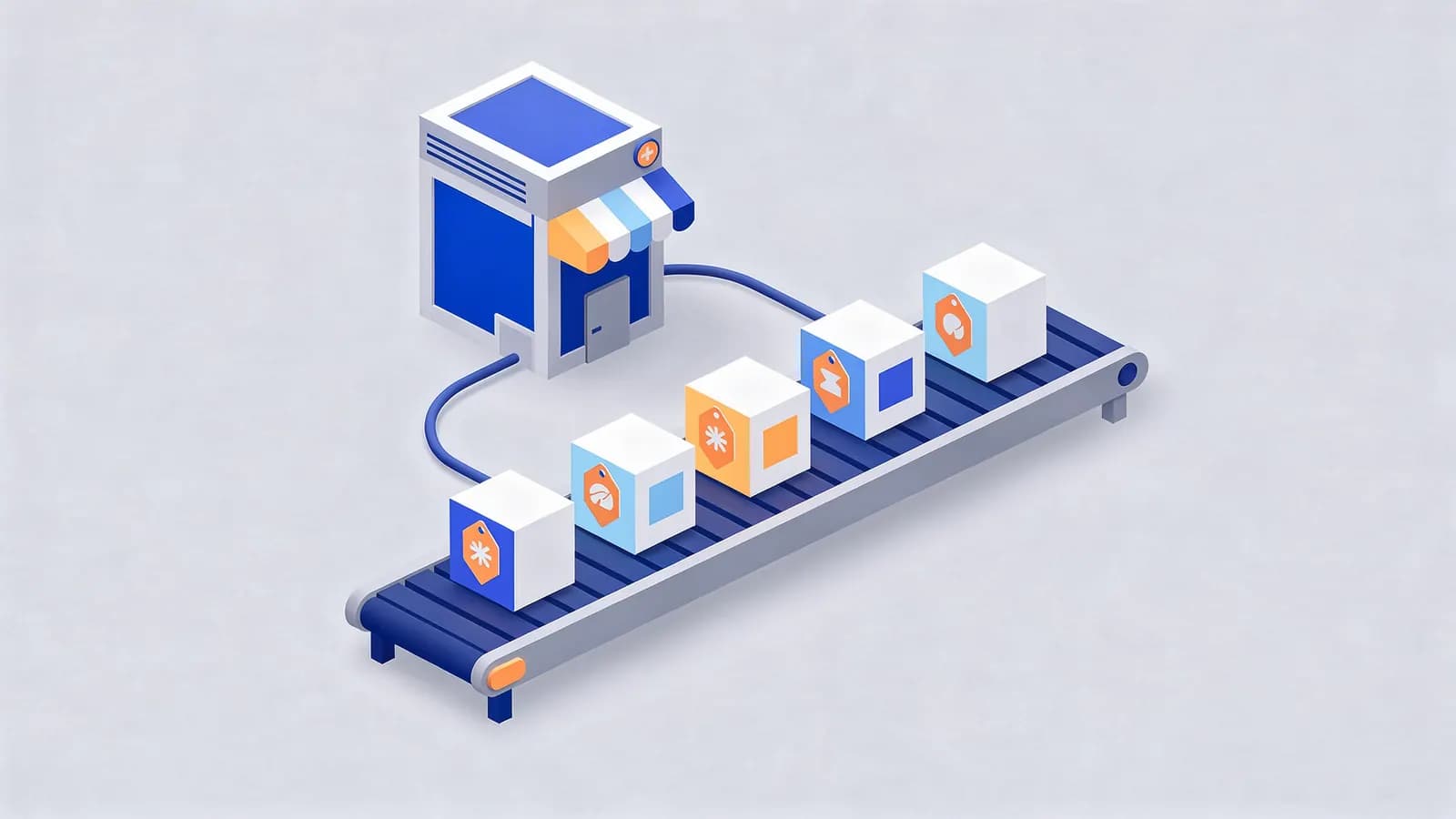 Boxes with various product tags move on a conveyor belt from a store, illustrating shopping results.