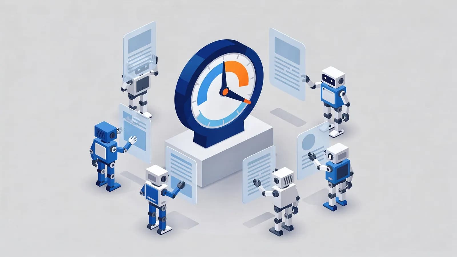 Several robots processing documents surrounding a central gauge, symbolizing a site health score.