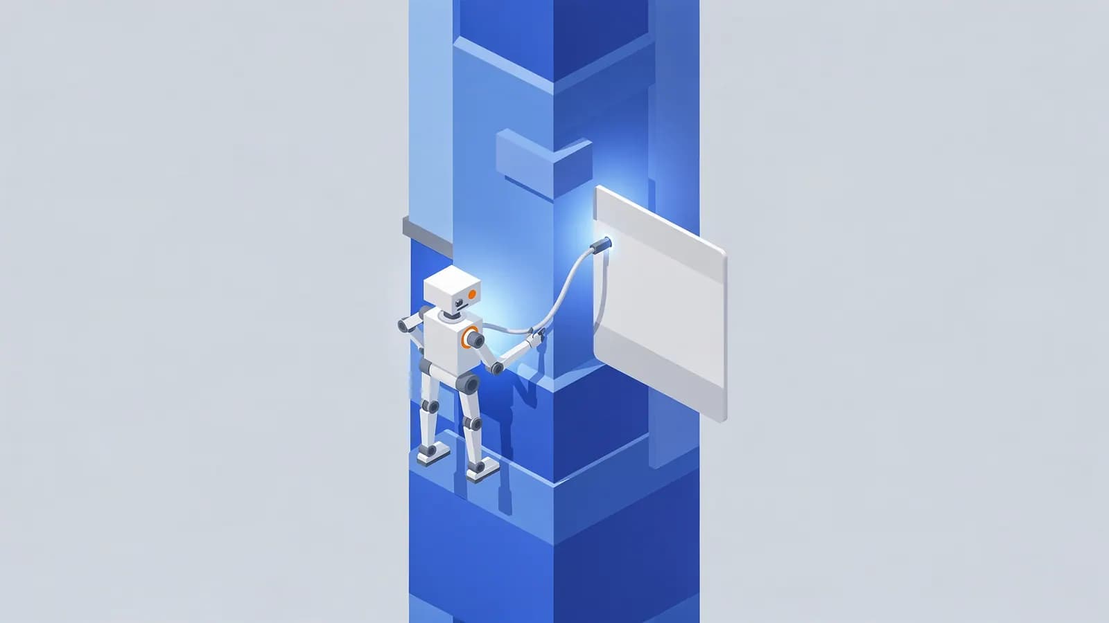 A robot connects a blank screen to a glowing blue structure, illustrating site reputation abuse.