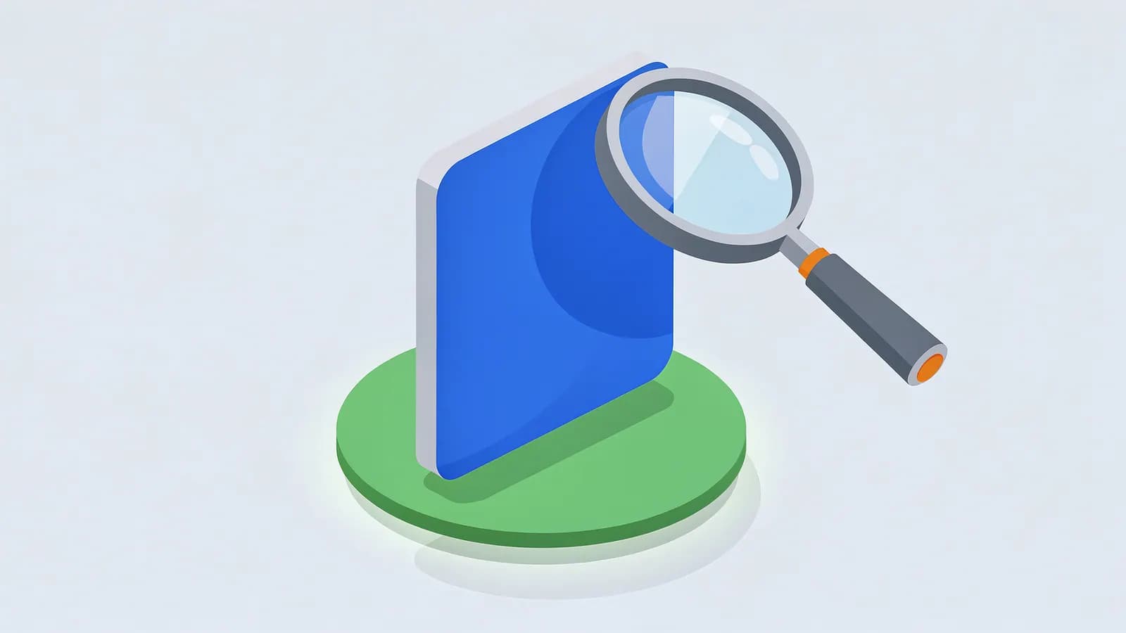 Magnifying glass inspecting a vertical document on a platform, illustrating a Soft 404 error.