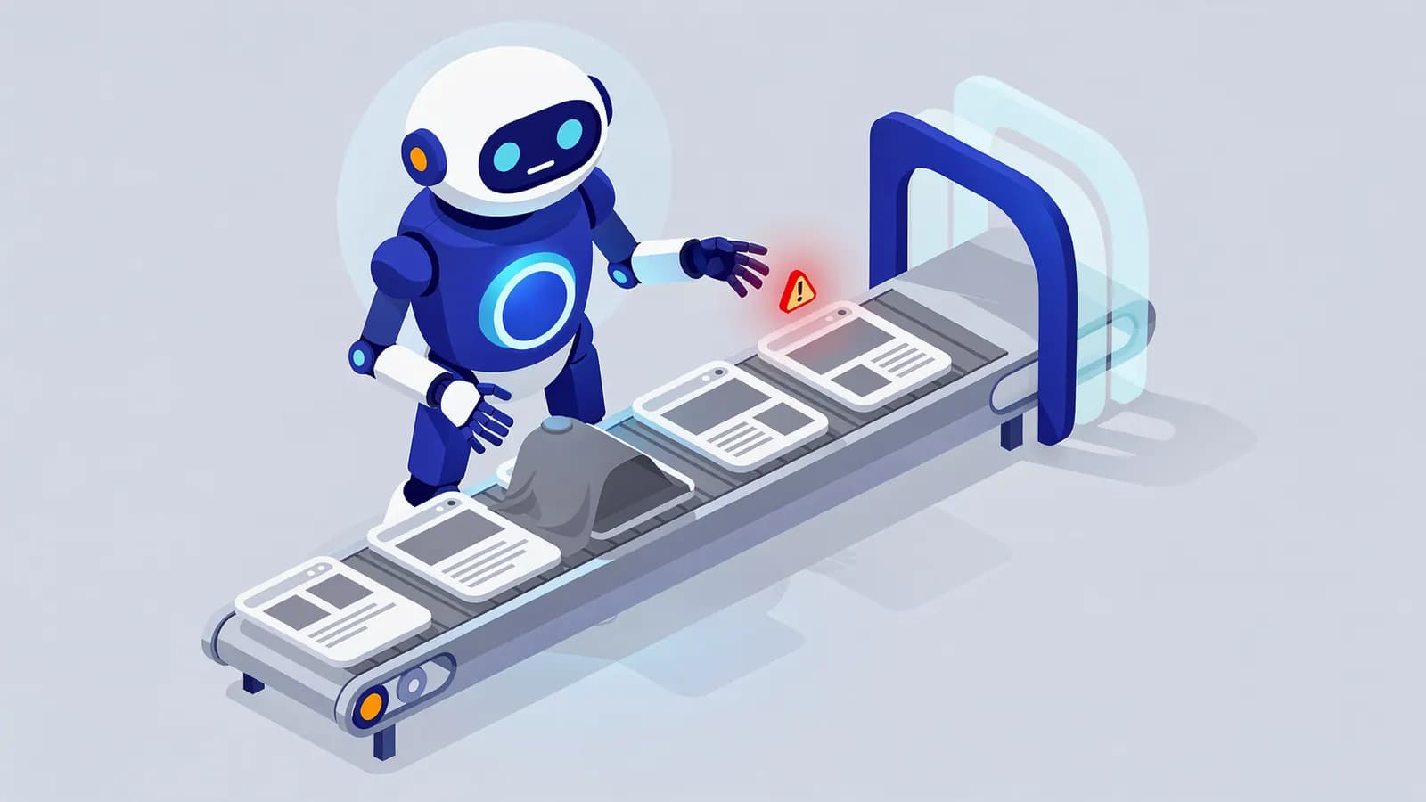 Robot processing content on a conveyor, flagging spam with a warning, representing SpamBrain.
