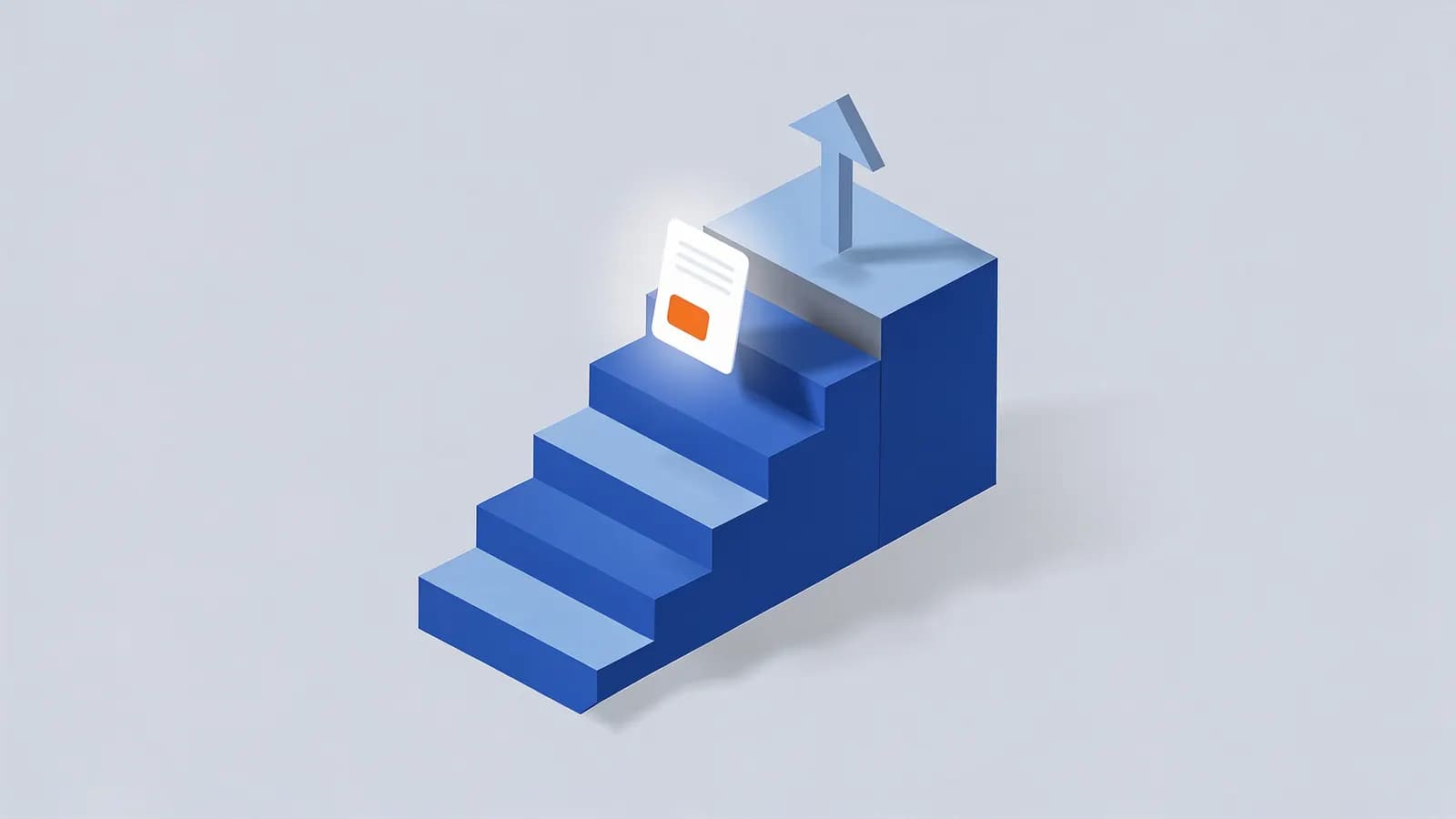 Stairs with a glowing document icon on a step and an upward arrow, representing striking distance keywords.