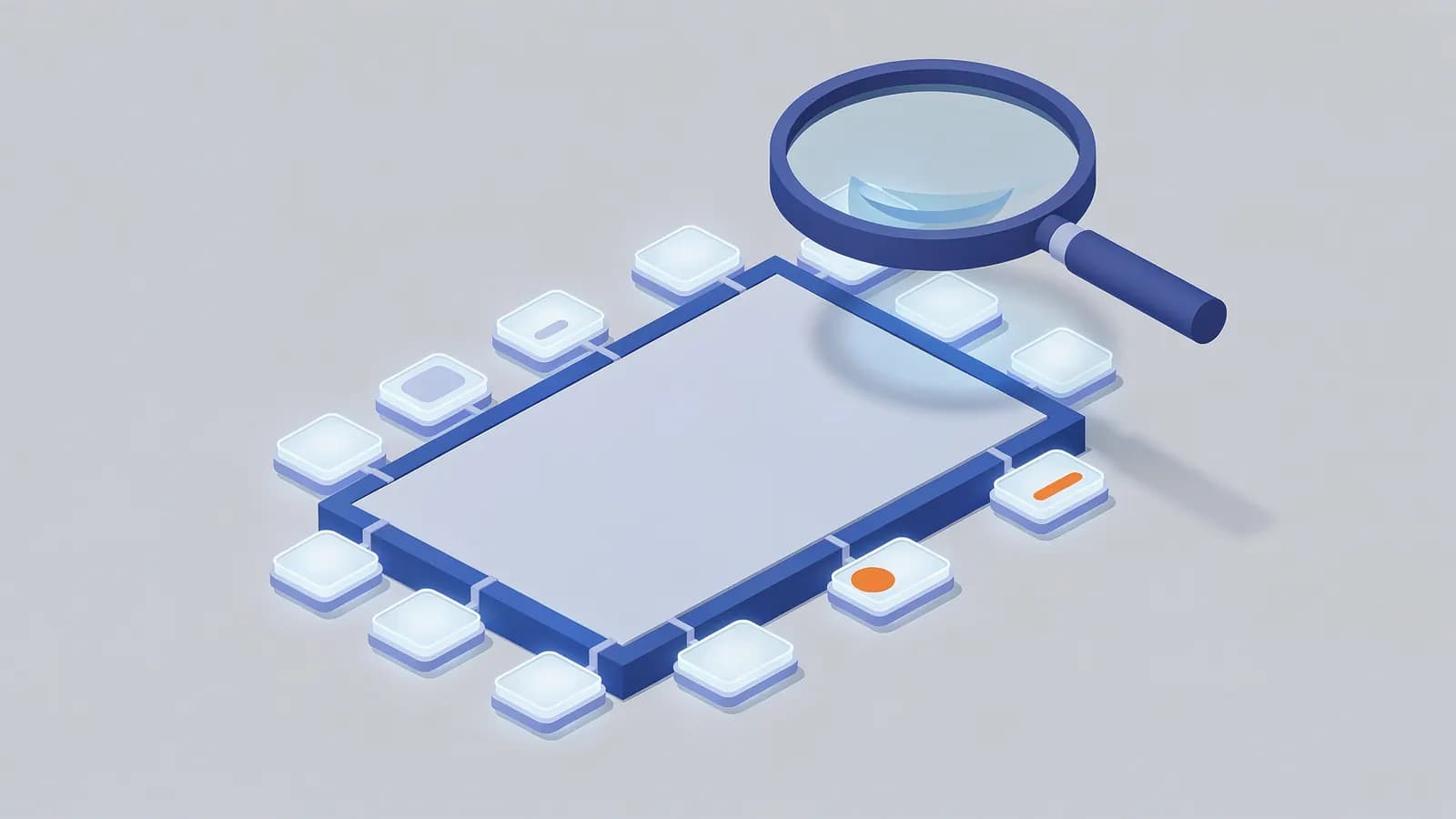 Magnifying glass examining a structured data representation with a central block and connected modules.