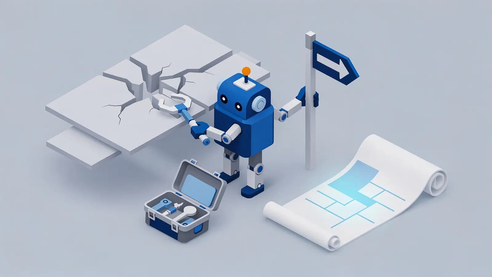 A robot with a toolbox repairs a broken platform using a wrench, guided by a signpost, showing Technical SEO.