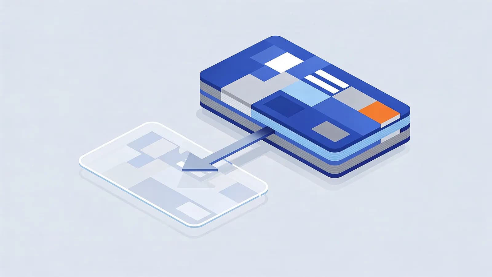 A stack of cards sends simplified content via an arrow to a smartphone screen, illustrating thin affiliate pages.