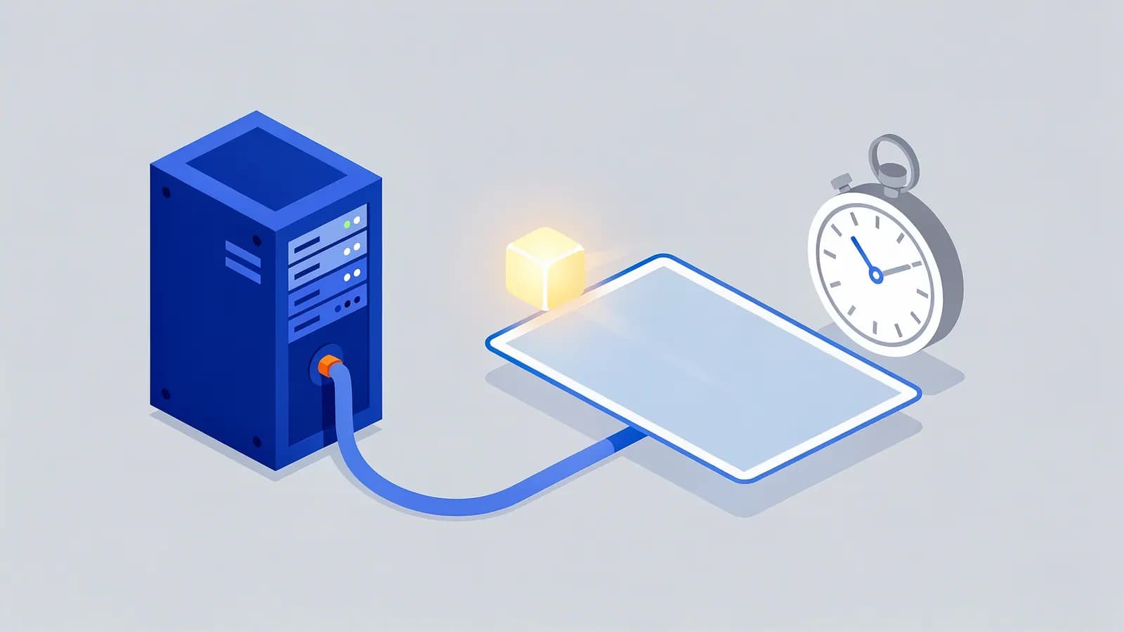 A server sends a glowing data packet through a cable to a tablet as a stopwatch measures Time to First Byte.