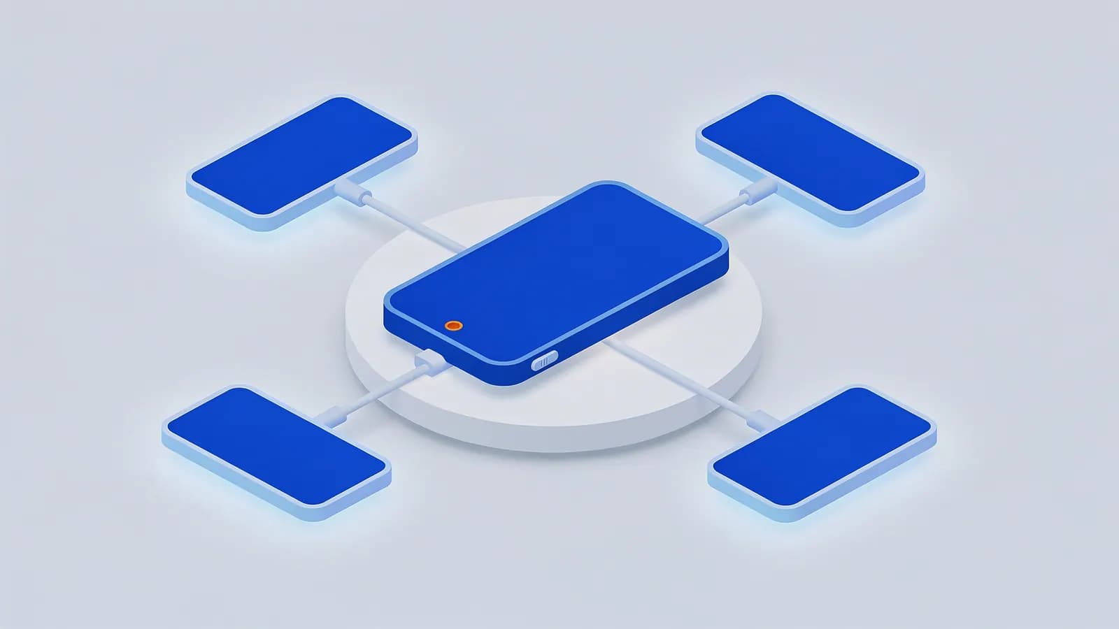 A central device on a platform connected by cables to four surrounding devices, illustrating a topic cluster.