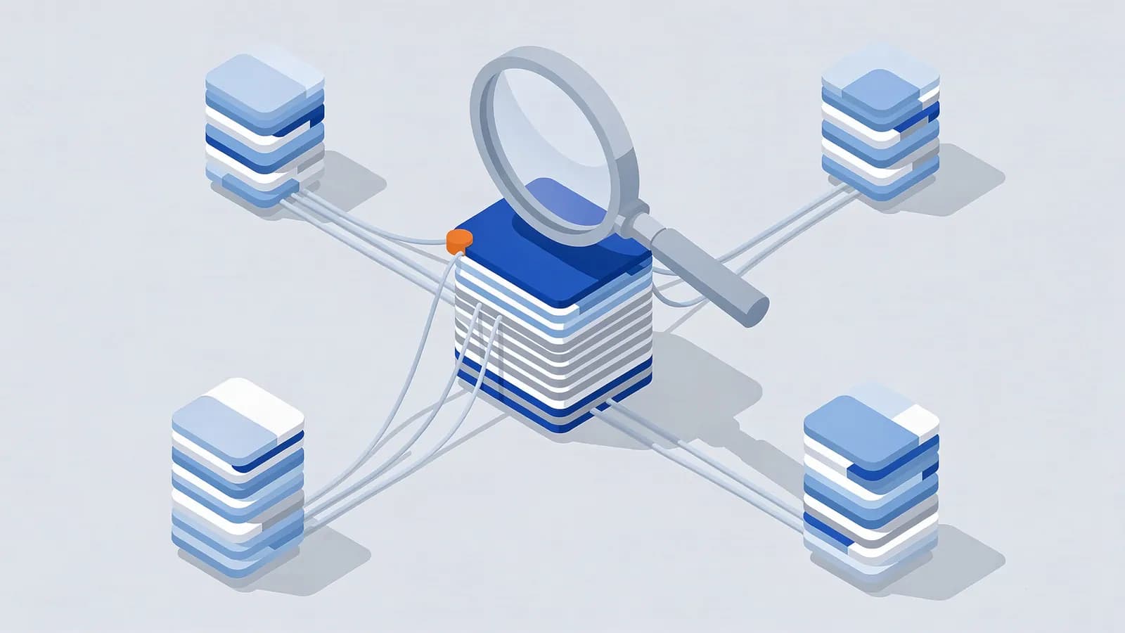 A magnifying glass highlights a central data stack connected to four others, illustrating topical authority.