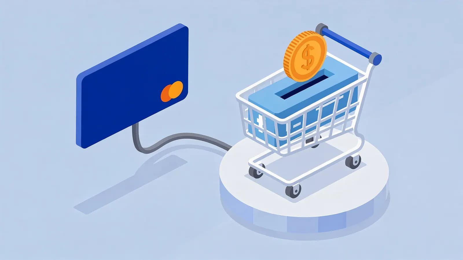 A credit card wired to a shopping cart where a dollar coin is deposited into a slot, symbolizing transactional intent.