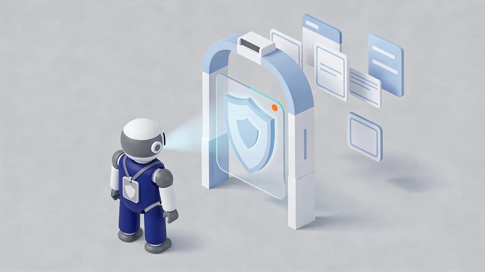 A robot, acting as a user agent, scans a security archway displaying a shield, with various data panels beyond it.