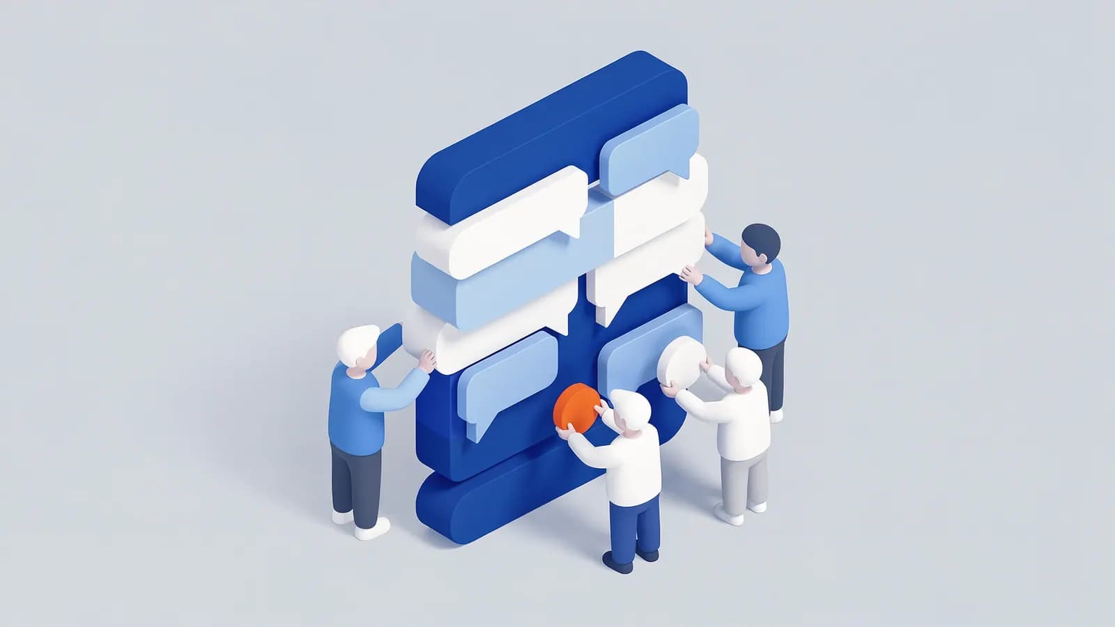 Six people assemble a tall structure from chat bubbles and blocks, representing user-generated content.