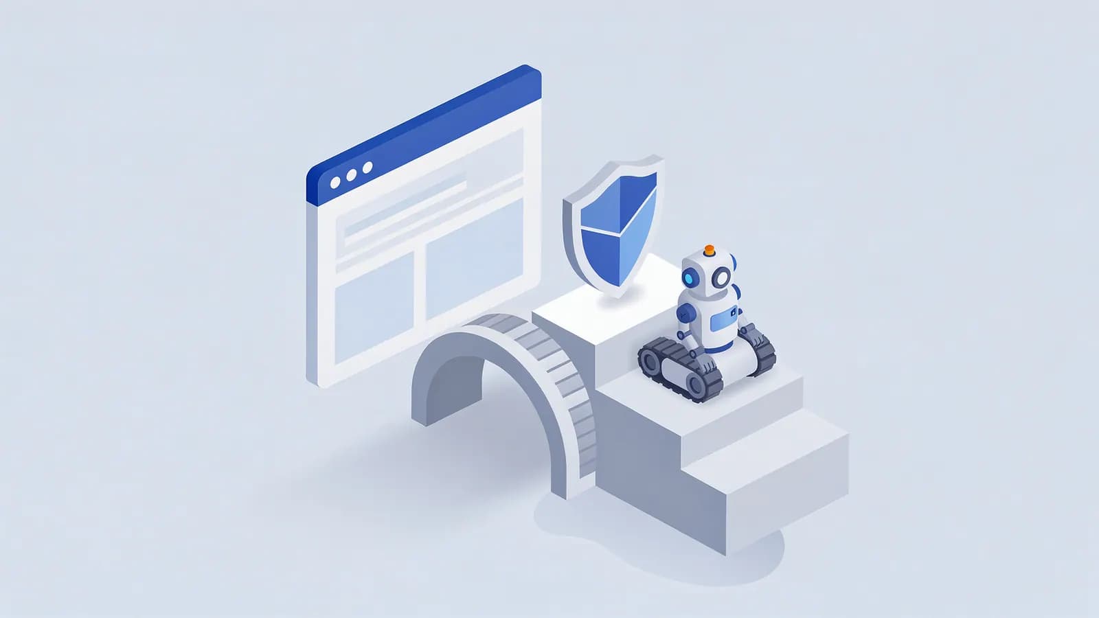 Browser window on a conveyor belt leading to a shield and a robot climbing steps, illustrating White hat SEO.