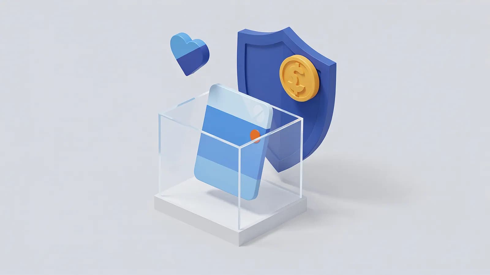 A secure box with a card and heart, alongside a shield protecting a coin, illustrating YMYL financial and health topics.