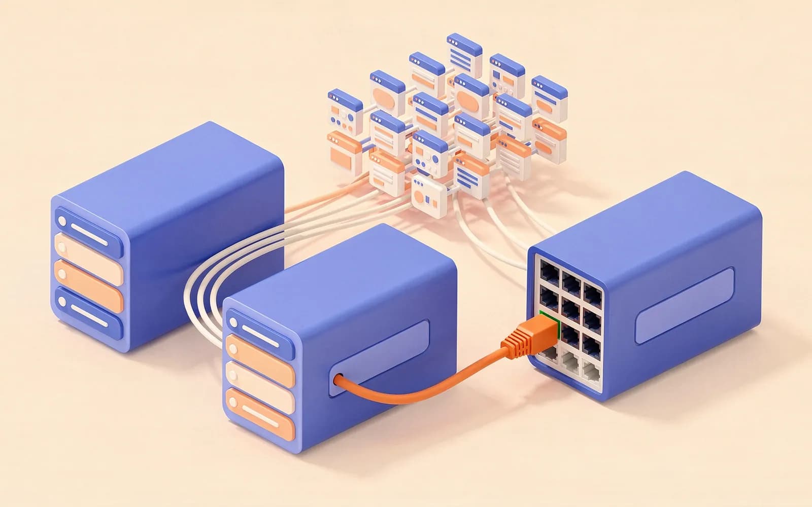 Server blocks cabled to a shared cluster of sites while one block gets its first orange cable: a backlink gap.