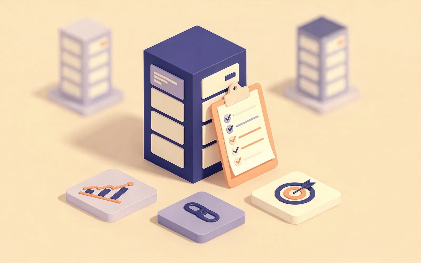 A website block with a clipboard of check marks, beside tiles for a rising chart, a chain link and a target: a full SEO audit.