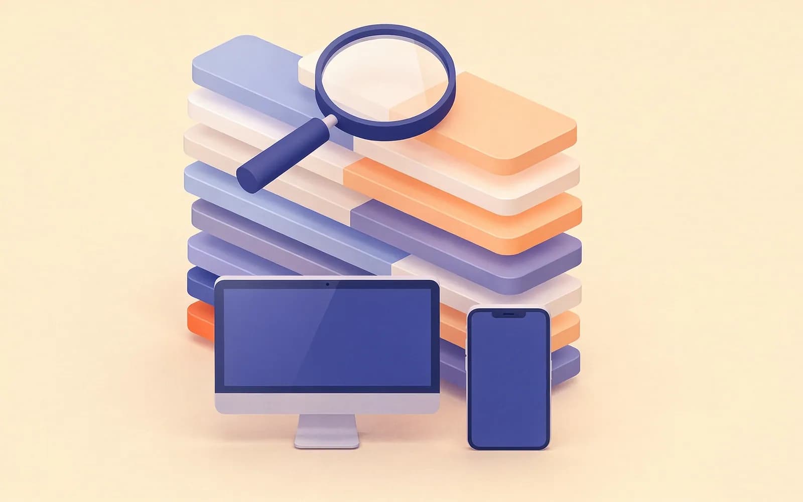 A tall stack of search result slabs behind a desktop monitor and a phone, under a magnifying glass: a SERP checker.