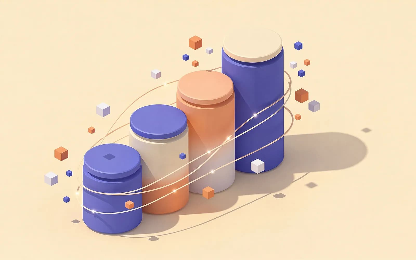 Cylinders rising from short to tall, wrapped in glowing link lines and small cubes: website authority growing.
