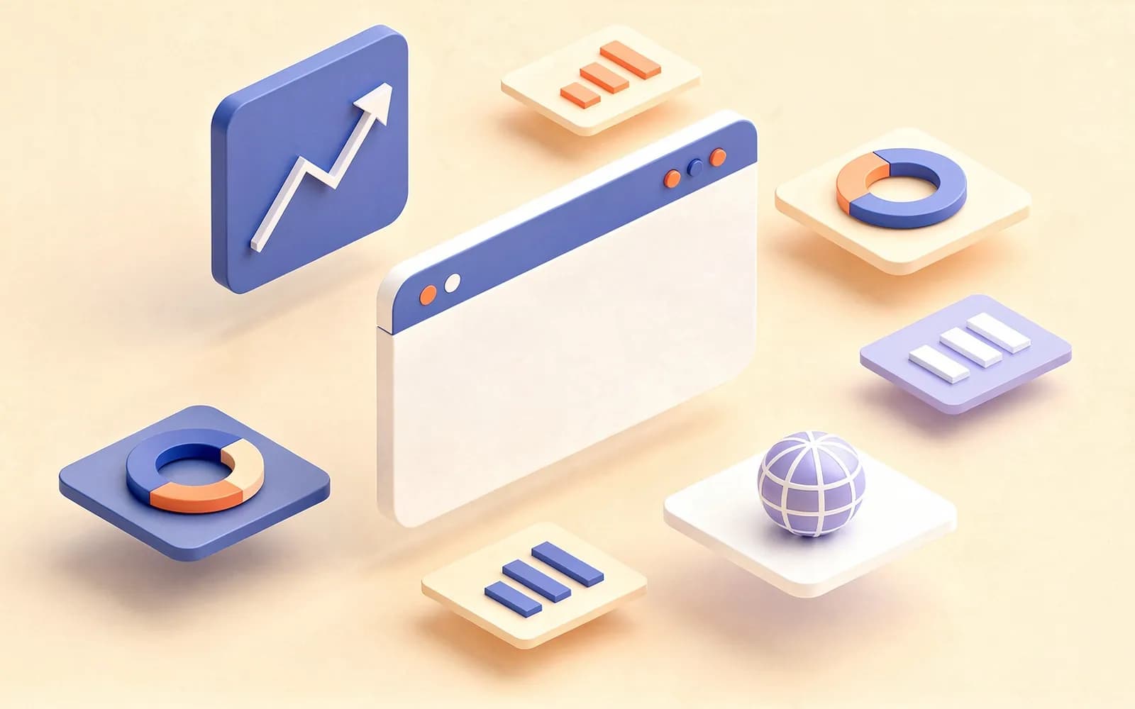A website window surrounded by floating trend, donut and bar chart tiles and a globe, for website SEO analysis.