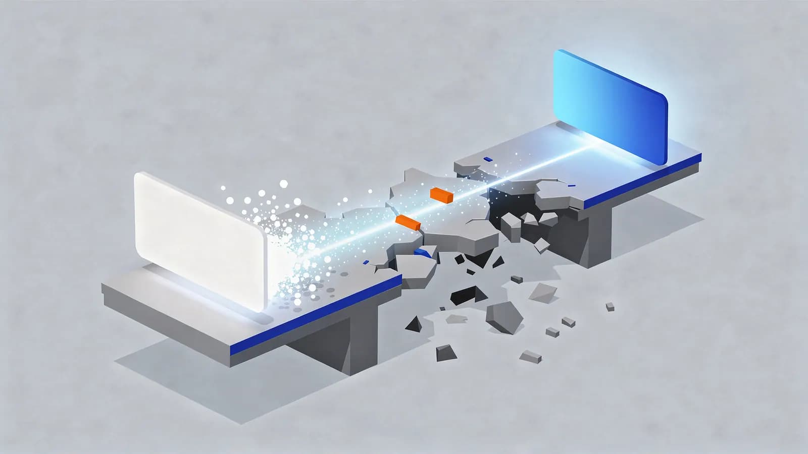A light beam from a white panel crosses a crumbling path with orange obstacles to a blue panel, illustrating a 301 redirect.
